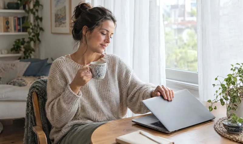 A woman with a coffee closing her laptop