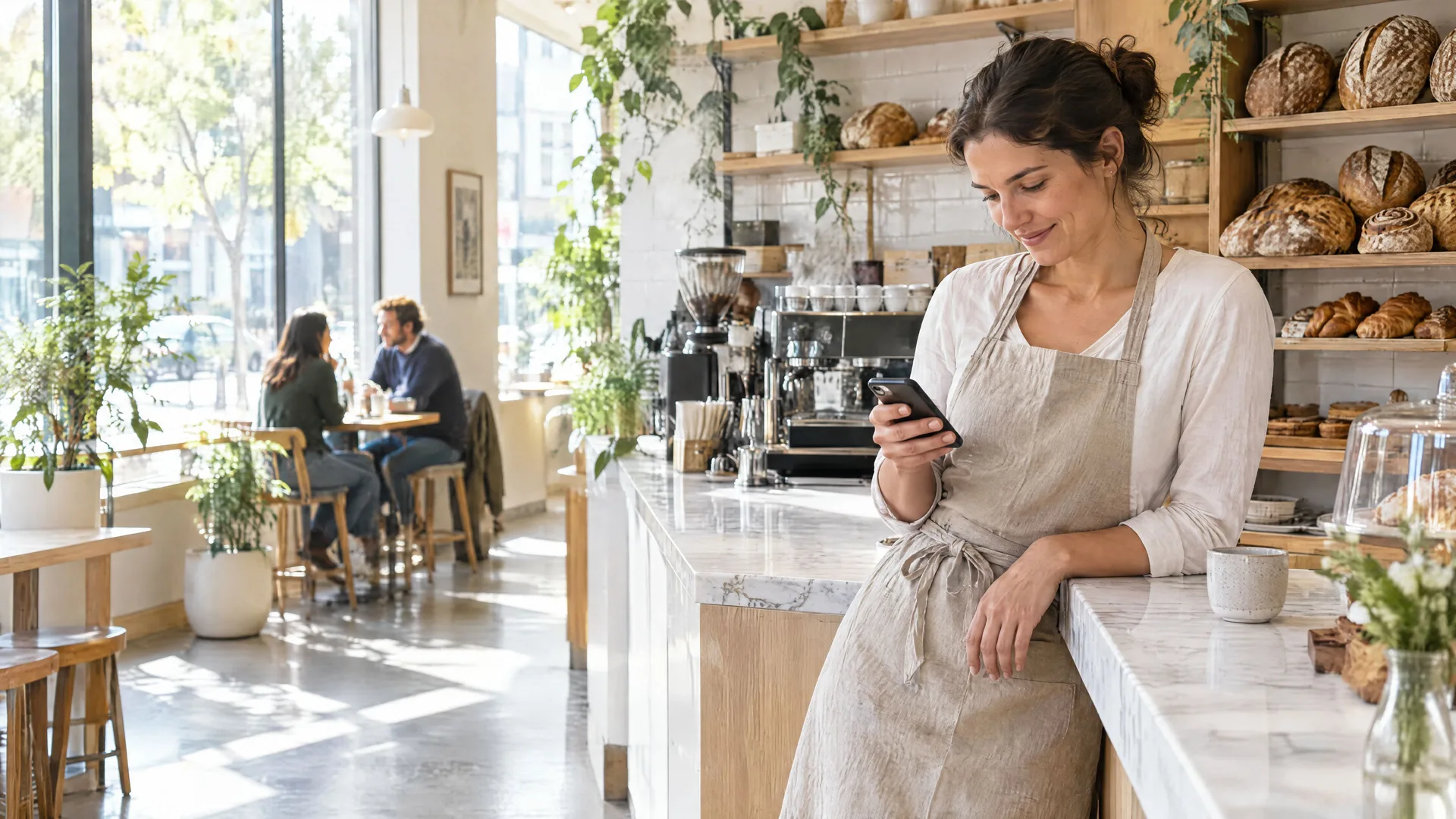 A bright café with a barista at the counter