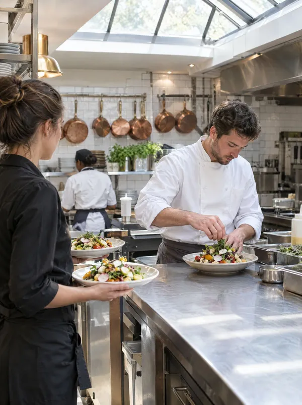 A chef plating food in a bright kitchen