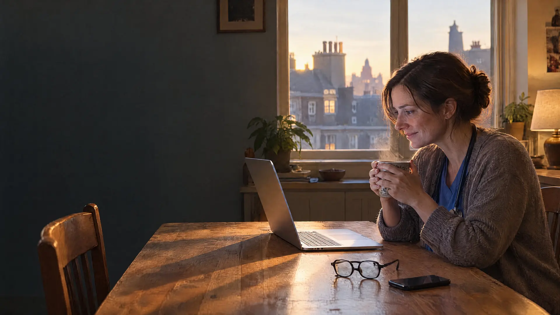 A woman reading on her laptop in a sunlit kitchen